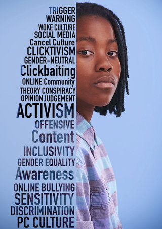 Motivation, quotes and portrait of teenager for social awareness isolated against a studio purple background. Boy, activist and woke culture young person serious for inspiration and supportの写真素材