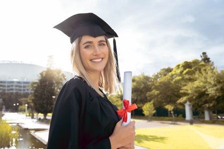 Woman, student and portrait smile of graduate with achievement in higher education. Happy female academic smiling in graduation holding certificate, qualification or degree for university scholarshipの写真素材