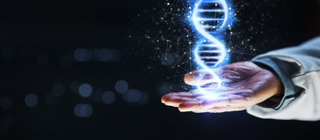 Doctor, hand or 3d dna helix in healthcare analytics, genetic engineering or life insurance mockup on isolated black background. Zoom, abstract or futuristic genes hologram for medical hospital womanの写真素材