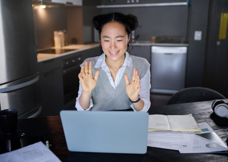 Video call, interview and corporate woman meeting online for remote work and wave at a laptop with...