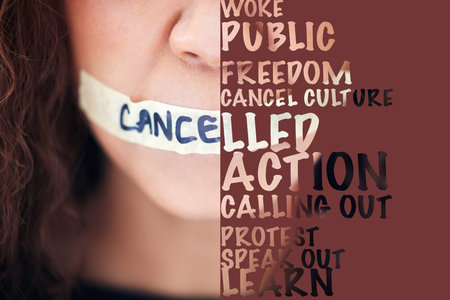 Woman, silence and tape on mouth with words to voice gender based violence, protest or message....