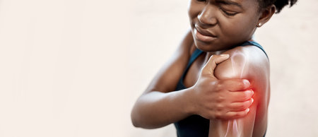 Shoulder pain, bones and injury of sports woman, runner and fitness mockup. Arm would, athlete and xray skeleton for workout risk, joint problem and muscle anatomy from training accident on red bodyの写真素材