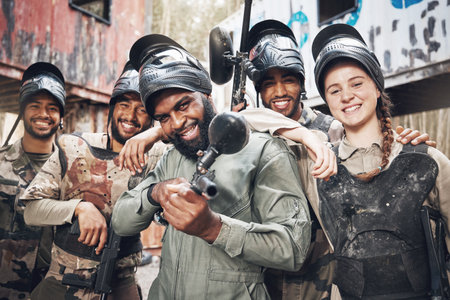 Portrait, diversity and military group with paintball gun for training, fun or extreme sports, happy and excited. Army, people and sport team smile, bond and ready for target practice, game or cardioの写真素材