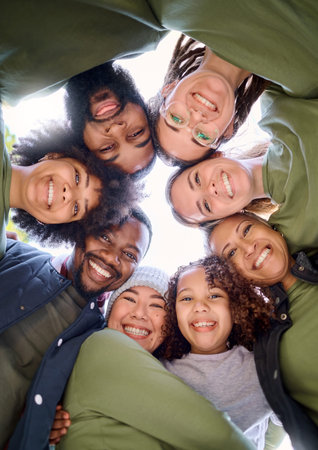 Teamwork, community and face of people in circle for support, motivation and working together...