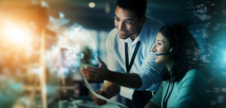 Digital marketing, team and telemarketing in call center for future networking at night in double...