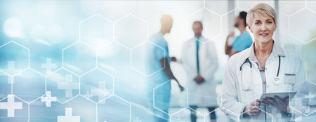 Healthcare, doctor and tablet, digital transformation and futuristic technology innovation, health and hospital system. Medical mockup, online research for medicine data and senior woman physicianの写真素材