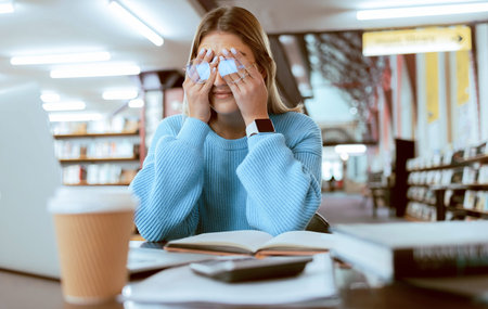 Woman student with glasses, stress with headache and burnout, tired about paper deadline or study...