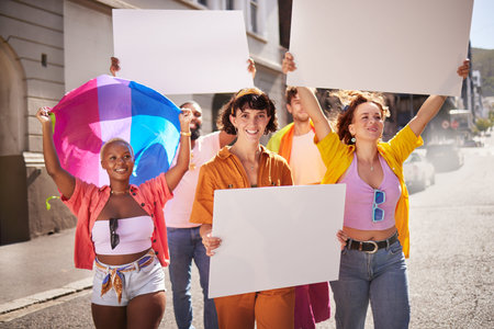 Poster mockup, lgbt protest and people walking in city street for activism, human rights and...