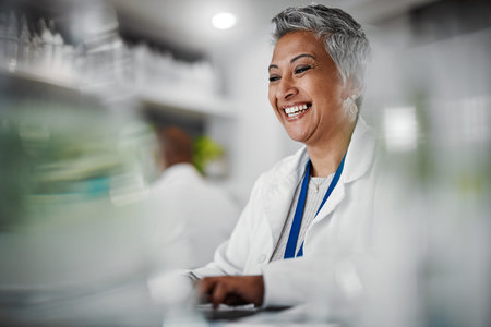 Elderly woman, lab and laptop for research, science and plants for analytics, pharmaceutical study...