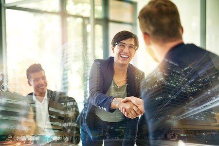 Staff overlay and woman with handshake, partnership and collaboration for brand development,...