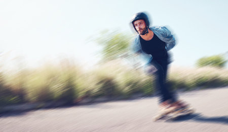 Motion blur, skateboard and mockup with a sports man skating outdoor on an asphalt street at speed....