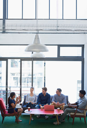 Explaining her vision. a group of office workers talking together in a meeting room.