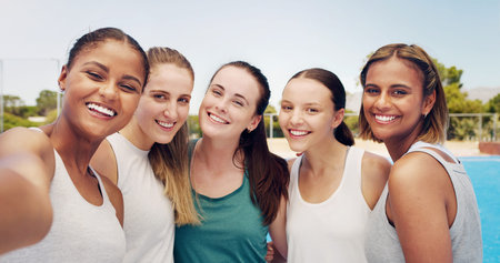 Women in selfie, friends and fitness in portrait outdoor, tennis athlete and team together, sports...