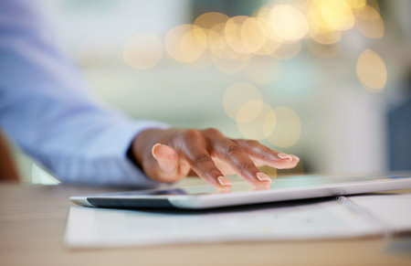 Black woman, fingers or tablet of financial business growth, savings data analytics or investment research management. Zoom, worker or employee hands on technology for finance budget review or futureの写真素材