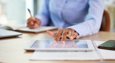 Black woman, hands or tablet chart of growth data analytics, global research or financial investment...