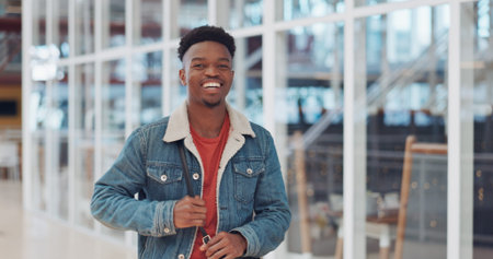 Black man, face and smile portrait in building for designer success, positive mindset and employee...