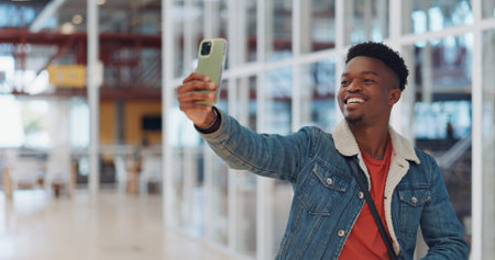 Man, phone or selfie in creative office, social media startup or advertising small business on vlog,...