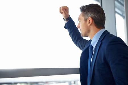 Thinking, management and stress with businessman at window for future, goal and vision mockup....