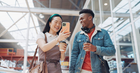 Shopping mall, smartphone and couple of friends on social media, website or blog for discount, sales...