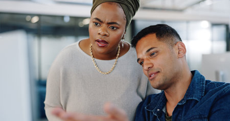 Business people, computer and office communication for a web design and marketing strategy. Office, collaboration and digital website planning of a marketing strategy team working on a online projectの写真素材