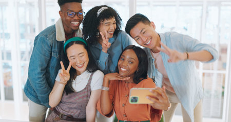 Smile, friends and selfie with business people and phone for teamwork, diversity and support. Social...