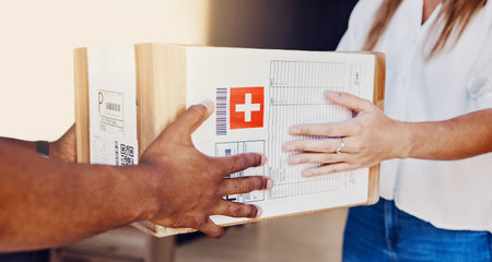 Delivery, box and hands of courier man with a customer for ecommerce, orders and online shopping...