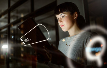 Digital marketing, overlay or woman networking to search for web design on internet, website or...