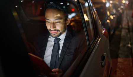 Travel, tablet and business man in car on social media, internet browsing or working. Transport,...