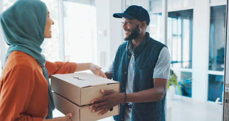 Islam woman, ecommerce and box for delivery to office, excited and wow for deal, discount and speed....