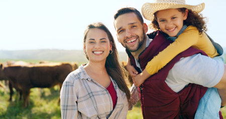 Man, woman and girl bonding on farm in nature environment, sustainability agriculture and farming...