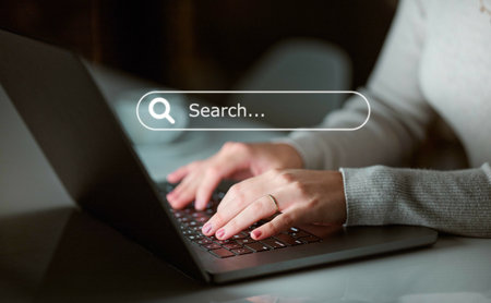 Digital marketing, overlay or hands typing to search for content on internet, website or online in...