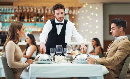 Restaurant, food and valentines day with a couple at a table in celebration of love, romance or marriage together. Wine, night or luxury fine dining with a man and woman celebrating their anniversaryの写真素材