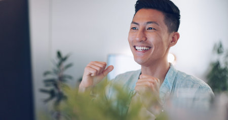 Business, Asian man and excited for corporate deal, celebration and promotion in office. Startup,...