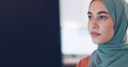 Islamic woman, phone call and talking in office for internet communication, b2b business conversation and happy employee working on computer. Muslim worker, happiness and speaking on smartphoneの写真素材