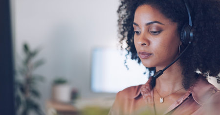 Communication, computer or black woman on a video call in call center consulting, networking or...