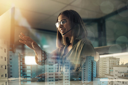 Customer support overlay, computer gesture and black woman telemarketing on contact us CRM or...