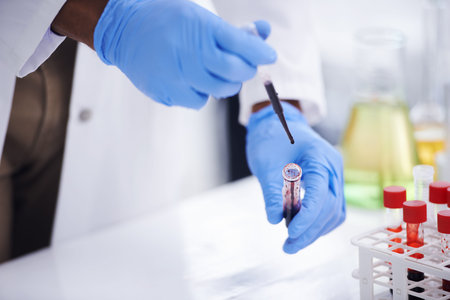 Testing your blood. a male medical scientist holding a test tube filled with blood.