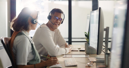Call center, customer service and collaboration with a consulting team working together for help or...