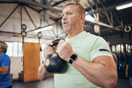 Elderly man, gym and kettlebell at training for health, wellness and fitness with smartwatch. Senior...