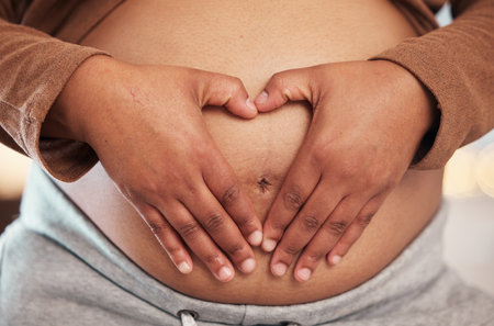Pregnant woman, closeup of heart hands on belly and happy black mother alone in Jamaica living room. Excited future parent, holding healthy abdomen at home and loving mommy in pregnancy careの写真素材