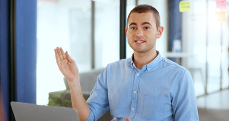 Leadership, business man and talking in meeting at office workplace, chatting or speaking. Company...