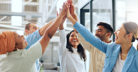 Business people, diversity or high five in teamwork success, advertising goals or team building in...