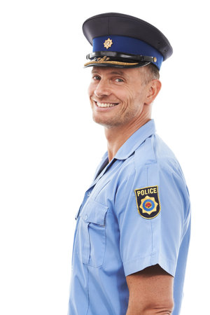 Security, officer and portrait of police with smile on white background for authority, leadership...