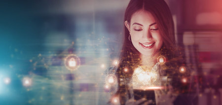 Business woman, future overlay and phone cryptocurrency data at night with cybersecurity light....