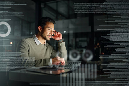 Night, overlay or man in the stock market to research data analytics or financial investment strategy online. Fintech ai, laptop or trader in dark workplace with hologram reading cryptocurrency newsの写真素材