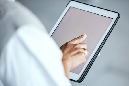 Tablet screen, mockup and person hands for website, internet market research or online management...