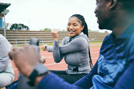 People, fitness and stretching for sports exercise, workout or training together on the stadium...