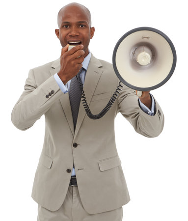 Say it loud and proud. An African-American businessman speaking over a loudspeaker.の写真素材