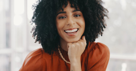 Face, vision and mindset with a business black woman sitting at a desk with her hand on her chin. Portrait, happy and smile with a female employee thinking about future growth or company developmentの写真素材