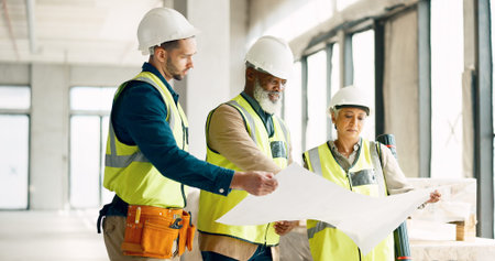 Architect, team and construction site blueprint with construction workers planning and sharing goal,...